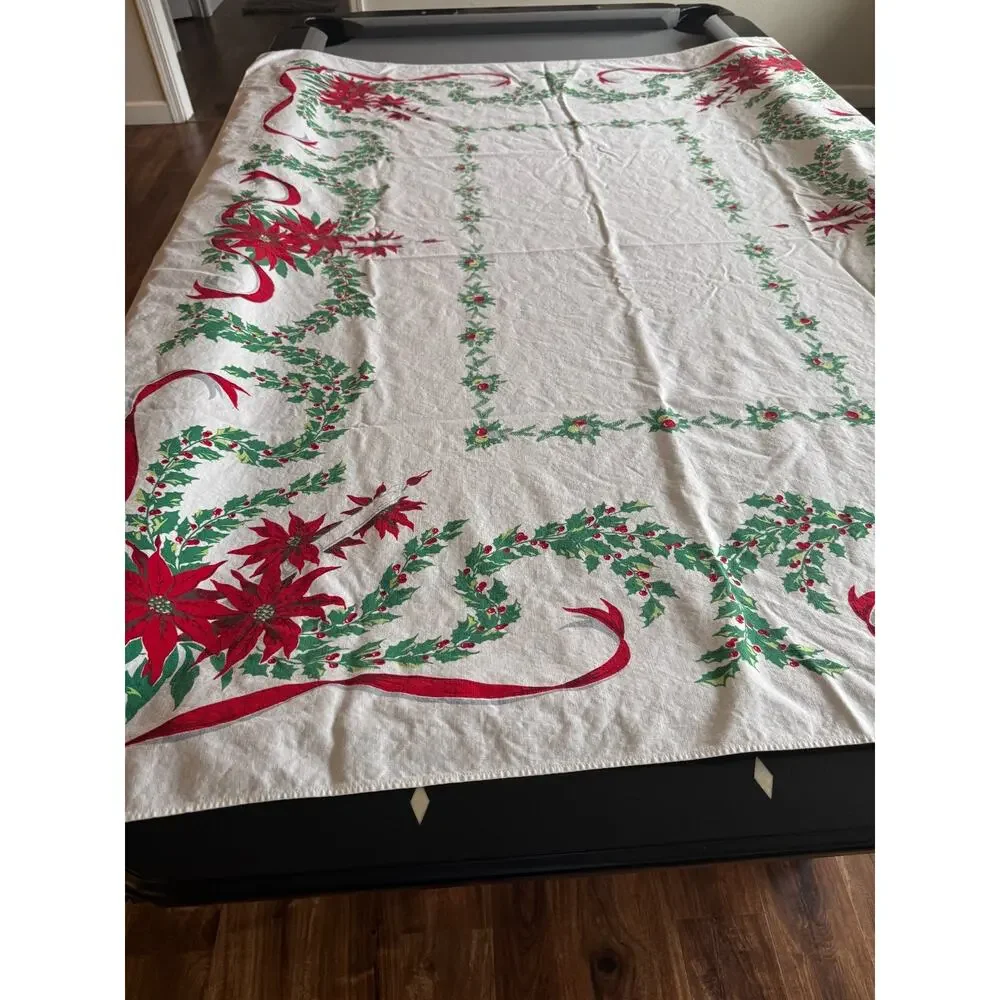 Christmas Woven Poinsettia Holly Tablecloth Cotton Holiday Décor 75x112